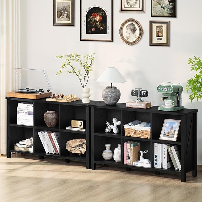 6 Cube Bookcase, Farmhouse Wood Low Storage Organizer Book Shelf, Black 47" Horizontal Console Bookshelf with Legs, Hallway Book Case for Entryway, Display Cabinet for Living Room, Office-CasaMuseHome