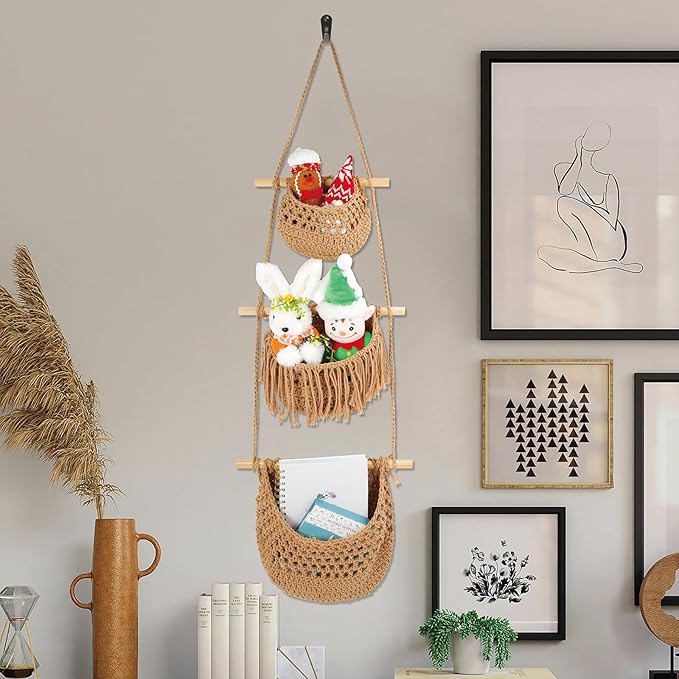 3 Tier Hanging Fruit Basket for Kitchen, Handmade Woven Cotton Hanging Wall Basket for Fruit Vegetable with 6 Hooks, Boho Style Over The Door Organizer for Living Bathroom Bedroom-CasaMuseHome