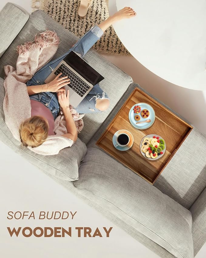 20 Inches Square Acacia Wood Ottoman Tray, Extra Large Wooden Serving Tray with Handles for Living Room, Serving Food Breakfast, Ottoman Coffee Table Couch Sofa Kitchen-CasaMuseHome