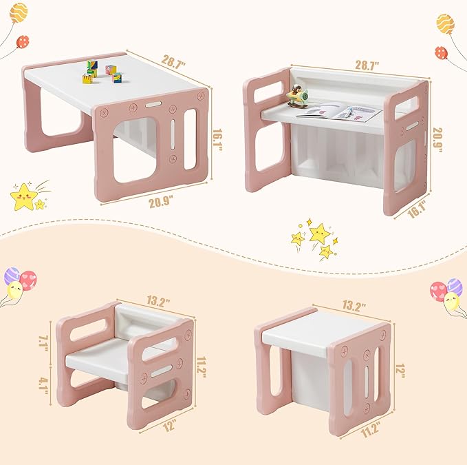 3 in 1 Montessori Weaning Table and 2 Chairs Set, Kids Desk and Chair Set, 2 Height Levels, Toddlers Activity Table for Drawing, Dining, Reading and Playing, Pink-CasaMuseHome