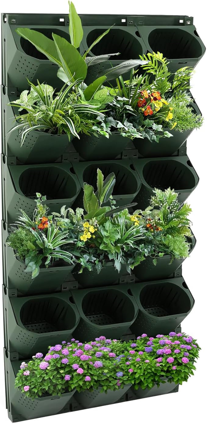 12Pieces 3-Pot Wall Planter Vertical Garden Plant Walls Wall Mounted Vertical Planter with Water-Storage Layer Stackable Wall-Mounted Flower Pot for Gardens, Balconies 180.78lbs Total Capacity (Green)-CasaMuseHome