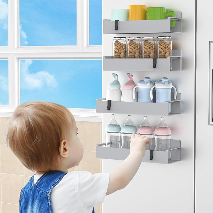 4 Pack Magnetic Spice Rack Organizer for Refrigerator and Oven, Light Gray Fridge Organizers and Storage for Kitchen-CasaMuseHome