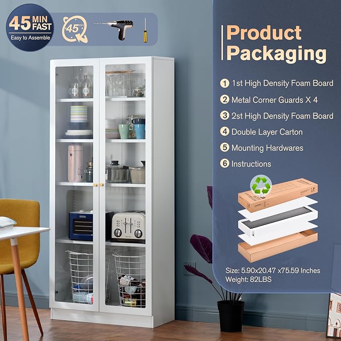 32" Wide Metal Storage Cabinet with Acrylic Doors and 4 Adjustable Shelves, 71" Tall Bookshelf, 5-Tier Freestanding Kitchen Pantry Cabinet with Anti-Tipping for Small Spaces/Kitchen/Living Room-CasaMuseHome