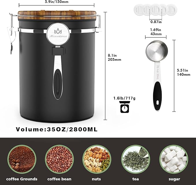 35OZ Coffee Canister for ground coffee with Date Tracker,Wood grain lid 304 Stainless Steel Kitchen Food Airtight storage container for Coffee Beans or Grounds, Tea, Sugar(35oz-grain)-CasaMuseHome
