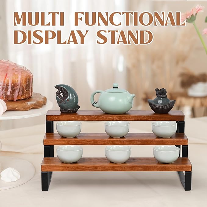 3 Tier Wooden Display Riser Stand Perfume Organizer with Metal Stand, Dessert Table Display Set, Food Display Stands for Party, Brown Rustic Solid Wood Shelf for Cupcakes, Perfume, Cologne, Spiece-CasaMuseHome