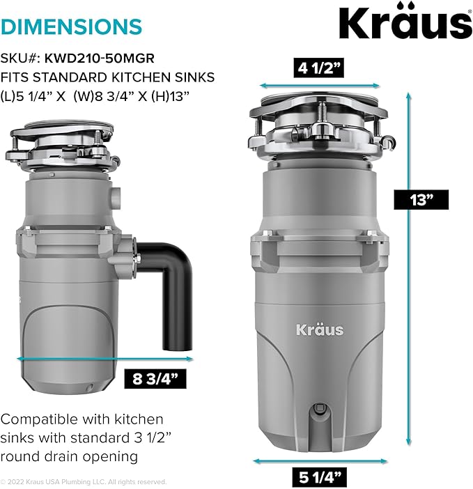 KRAUS® WasteGuard™ High-Speed 1/2 HP Continuous Feed Ultra-Quiet Motor Garbage Disposal with Power Cord and Flange Included and Universal Mount