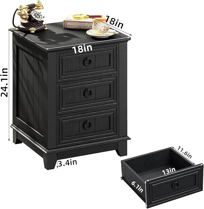 18" Night Stands Set of 2 with Charging Station, Farmhouse 2 & 3 Drawers End Table Dresser for Bedroom, Black Wooden Nightstand, Bed Side Table with Open Shelf, Bedside Cabinet for Living Room-CasaMuseHome