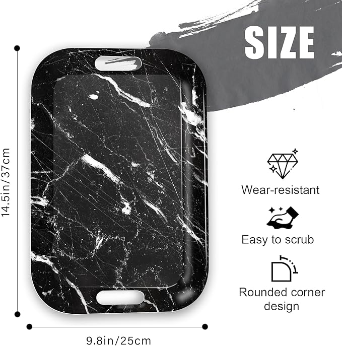 Serving Trays with Handles, 14.5 x 9.8 inch Rectangular Plastic Tray for Restaurant, Kitchen, Black Marble-CasaMuseHome