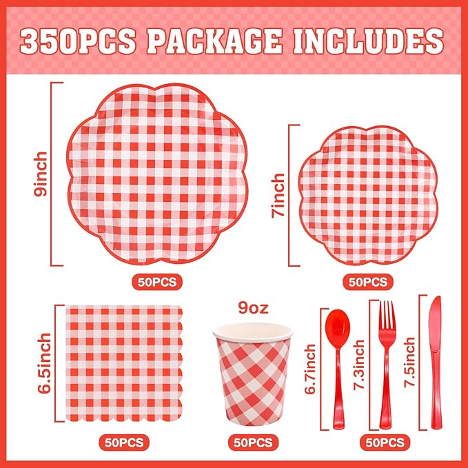 350 Pcs Red Gingham Plates and Napkins Party Supplies - Red and White Checkered Plates Sets Serve 50 Guests - Scalloped Gingham Paper Plate for Birthday Picnic Wedding Christmas Party Decorations-CasaMuseHome