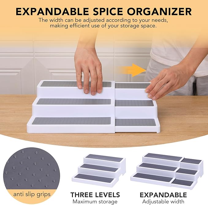 3-Tier Expandable Spice Rack, Plastic Spice Rack Organizer for Cabinet, Adjustable Length, Non-Skid Spice Shelf Organizer for Kitchen Cabinet, Countertop or Pantry, 2 Pack, White/Grey-CasaMuseHome