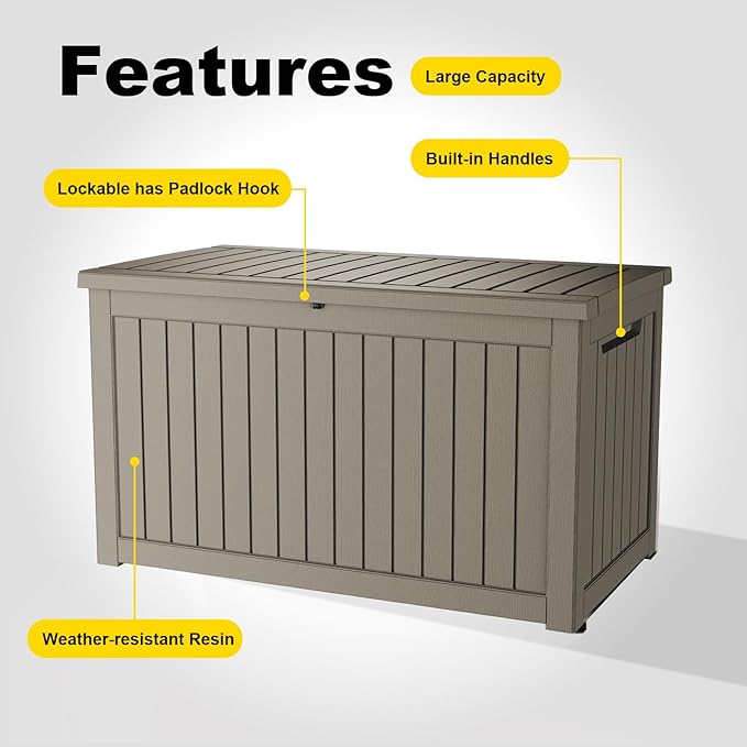 230 Gallon Outdoor Deck Box,Storage Lockable Waterproof Patio Furniture,Garden Tools,Cushions,Pool Accessories Outside Storage Resin Box(Grey)-CasaMuseHome