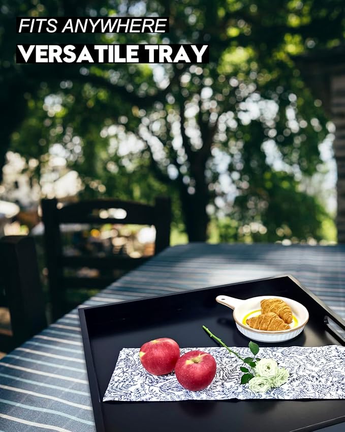 20 Inches Square Wooden Ottoman Tray Black, Large Wood Serving Tray with Handles for Living Room, Serving Food Breakfast, Ottoman Coffee Table Couch Sofa Kitchen-CasaMuseHome