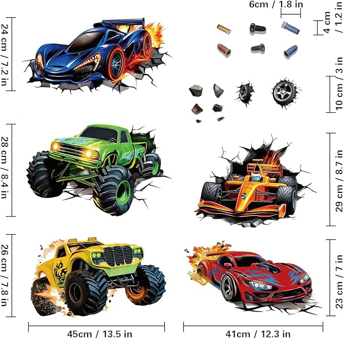 3D Racing Cars Wall Decals - Truck Bursting Through Wall, F1 Racing Cars Wall Stickers for Kids Room Boys Bedroom-CasaMuseHome