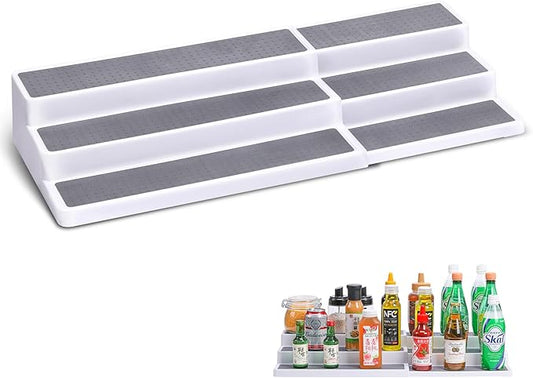 3 Tier Expandable Spice Rack Organizer, Plastic Spice Rack, Adjustable Length 14.6In-25.8In, Non-Skid Tiered Spice Shelf Organizer for Kitchen Cabinet, Cupboard, Pantry, White/Grey-CasaMuseHome