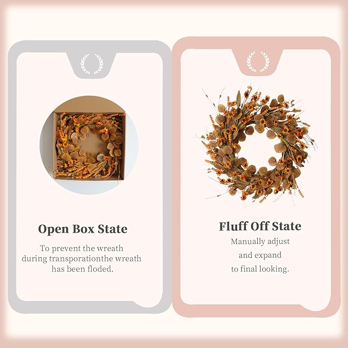 22 Inch Fall Wreath for Front Door Artificial Autumn Wreath with Eucalyptus Leaves Wild Flowers Harvest for Festival Thanksgiving Halloween Farmhouse Wall Home Decor-CasaMuseHome