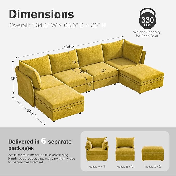134.6" Oversized Modular Sectional Sofa, 6 Seater U Shaped Couch with Storage Ottoman with Reversible Chaise Deep Seat for Living Room, Apartment - Chenille Yellow-CasaMuseHome