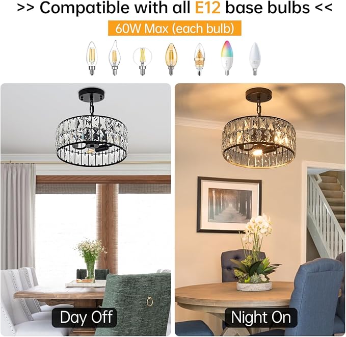 12” 3-Light Modern Crystal Chandeliers Black Dinning Room Light Fixture, Round Pendant Light Kitchen Island Chandelier, Flush Mount Ceiling Light for Living Room Entryway Bedroom Foyer-CasaMuseHome