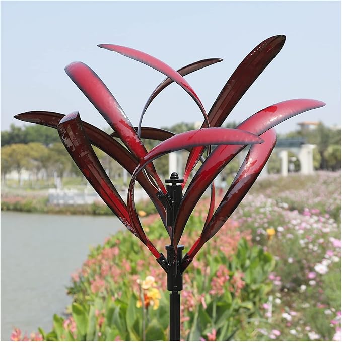 82 inch Wind Spinners Outdoor - Extra Large Metal Wind Sculptures & Spinner with Stake, Big Clearance Windmills for The Yard and Garden, Tall Yard Art Decor-Burgundy Red-CasaMuseHome