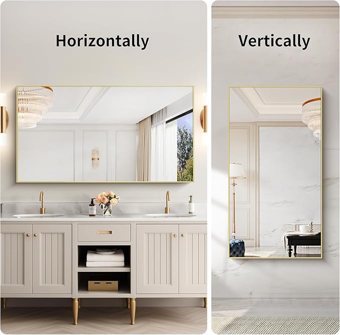 30x55In Gold Bathroom Mirror for Wall, Brushed Gold Rectangle Mirrors with Metal Frame, Bathroom Rectangular Mirror Modern Wall Mirror for Bedroom Living Room, Hangs Horizontal or Vertical-CasaMuseHome