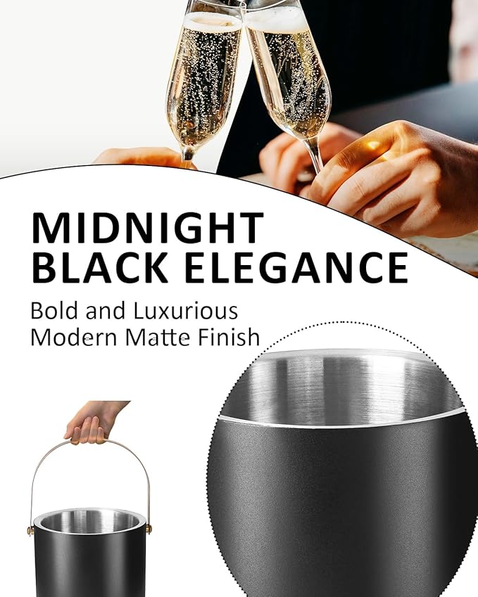 3L Ice Bucket with Silicone Lid, Scoop, Gold Tongs & Strainer, Stainless Steel Double Wall Insulated Ice Buckets for Parties & Cocktail Bar, Outdoor Champagne Ice Container Bin, Black-CasaMuseHome