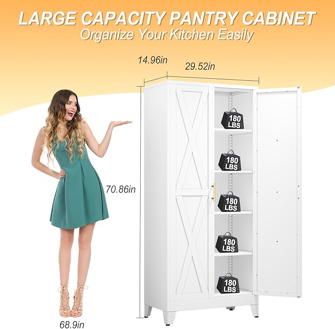 71" H Metal Kitchen Pantry Storage Cabinet, Freestanding Cupboard with 2 Doors and 4 Adjustable Shelves, Standing Storage for Kitchen, Bathroom, Garage, Dinning Room or Utility Room（White）-CasaMuseHome