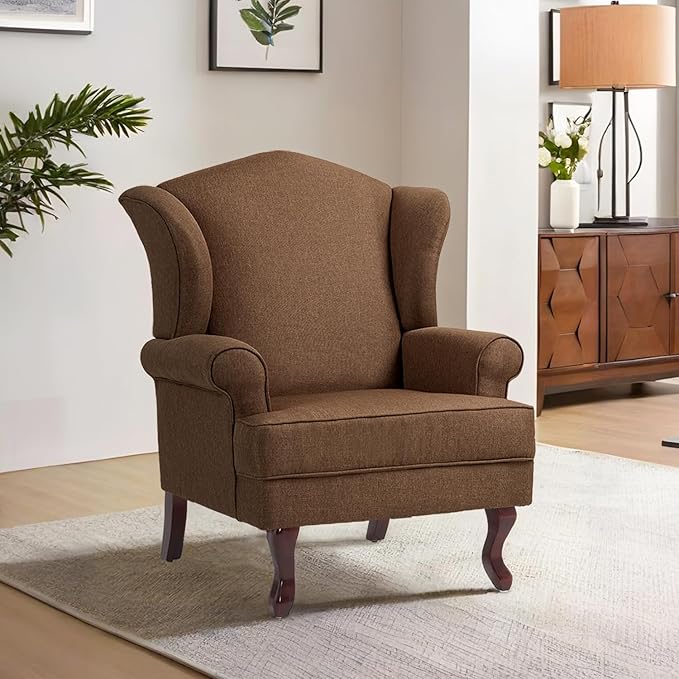 Accent Chair, High Back Upholstered Armchair with High Resilience Sponge & Wood Legs, Mid-Century Modern Comfy Single Sofa Reading Chairs for Living Room, Bedroom (Brown, Set of 1)-CasaMuseHome