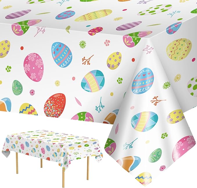 2 Pack Easter Tablecloth - Colorful Easter Eggs Table Cloth, Plastic Disposable Rectangle Spring Easters Egg Table Cover for Easters Tables Decorations and Party Supplies Decor Favors, 108 x 54 Inch-CasaMuseHome