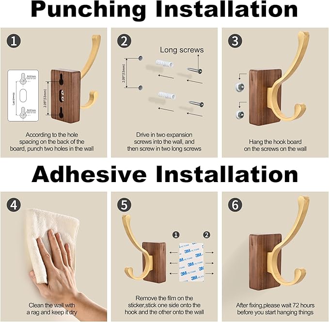 4 Pack Wooden Wall Hooks for Hanging, Adhesive Mounted & Wall Mount Nature Wood Coat Hook for Towel Clothes Blanket Hat Backpack Robe Nursery Door Board Entryway Key Holder Brushed Gold-CasaMuseHome