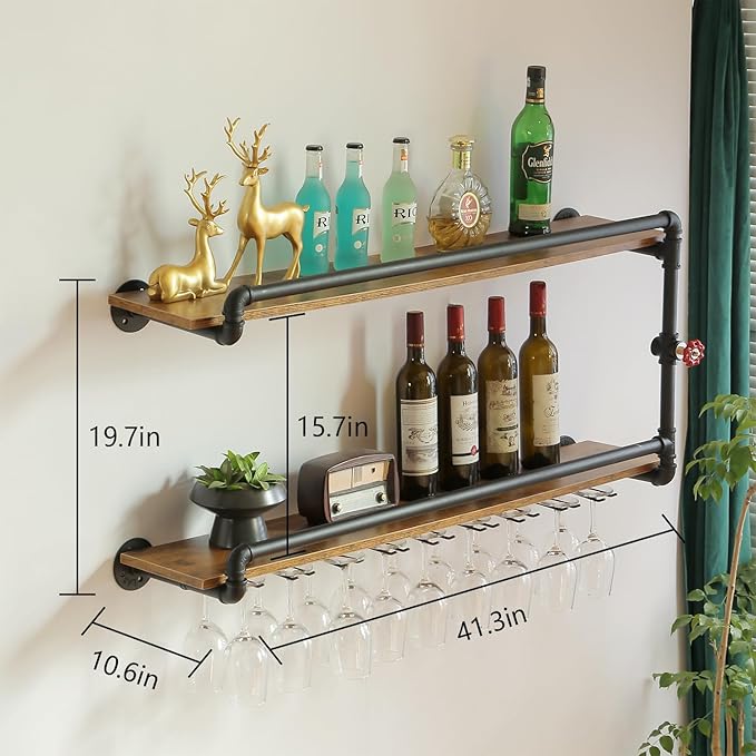 41 Inch Wine Rack Wall Mounted 2 Tier, Hanging Floating Bar Liquor Shelves with Glass Holder Storage Under, Industrial Rustic Pipe Farmhouse Kitchen Decor Black-CasaMuseHome
