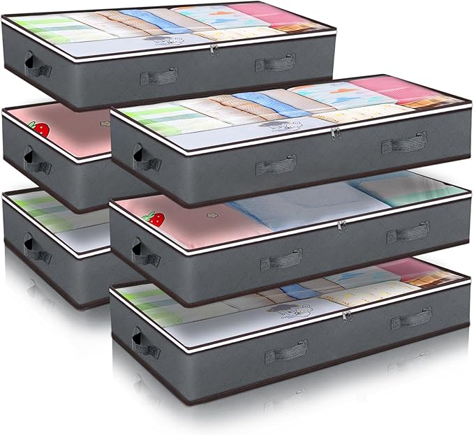 90L Under Bed Storage Containers, 6 Pack Underbed Closet Storage Organizer System, Moving Bags with Clear Window and Reinforced Handles for Bedding Pillows Blanket Clothes Wardrobe Bedroom-CasaMuseHome