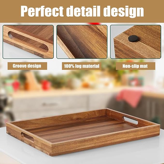 Acacia Wood Serving Tray with Handles - 17-Inch Large Wooden Tray for Ottoman - Perfect for Breakfast, Lunch, Dinner, Appetizers, Patio, Ottoman, Coffee Table,BBQ, Party – Great for Lap &Couch ﻿-CasaMuseHome