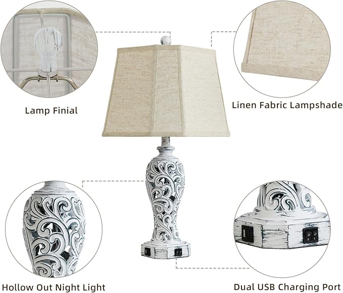 25'' Farmhouse Table Lamps Set of 2 for Living Room Bedroom, 2 USB Ports Rustic Vintage Nightstand Table Lamp with Nightlight, Hollow Out Resin Lamp for End Table (Bulbs Included)-CasaMuseHome