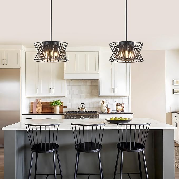 3-Lights Black Pendant Light Vintage Geometric Chandelier Light Fixture Adjustable Metal Lighting Fixtures for Kitchen Room Dining Room Foyer-CasaMuseHome