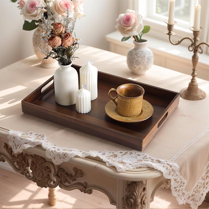 Acacia Wood Serving Tray with Handles, 17 Inch Wooden Tray for Ottoman, Breakfast, Lunch, Dinner, Decorative Rectangular Tray for Living Room, Kitchen Counter, Outdoor-CasaMuseHome