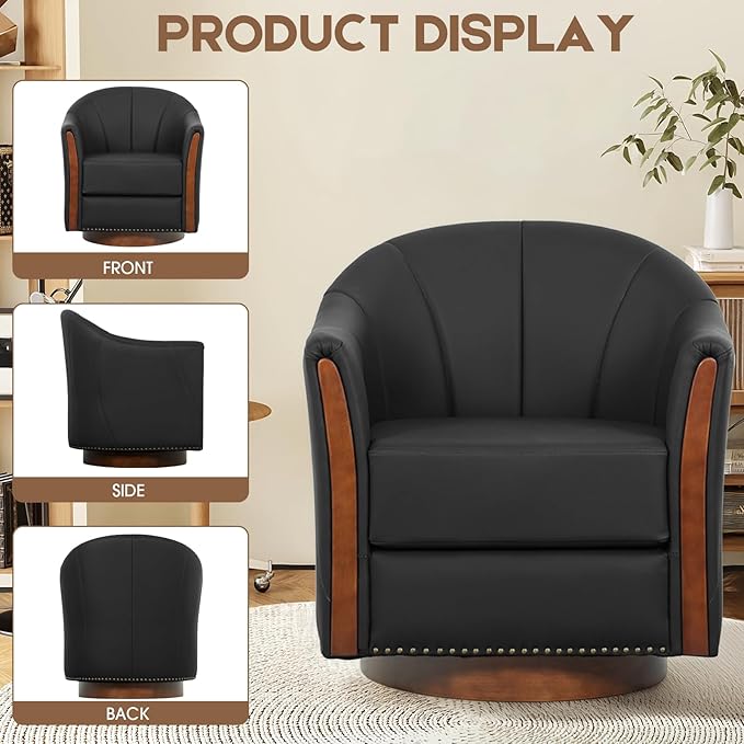 360° Swivel Accent Chair, Modern Leather Barrel Club Chair with PU Leather Upholstery and Sturdy Wood Base, Comfortable Armchair for Living Room, Bedroom, Reading Nook, Black-CasaMuseHome