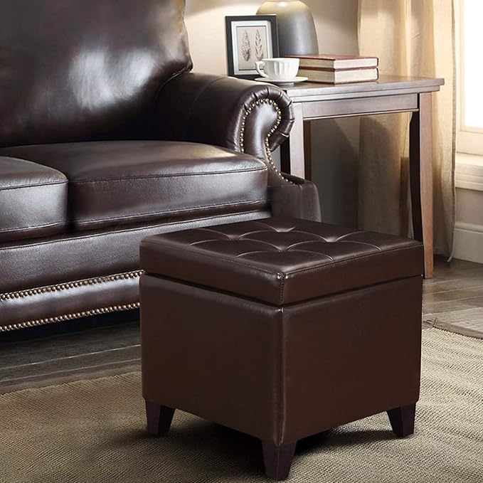 Adeco Bonded Leather Square Tufted Footstool, 18", Brown Storage Ottomans,-CasaMuseHome