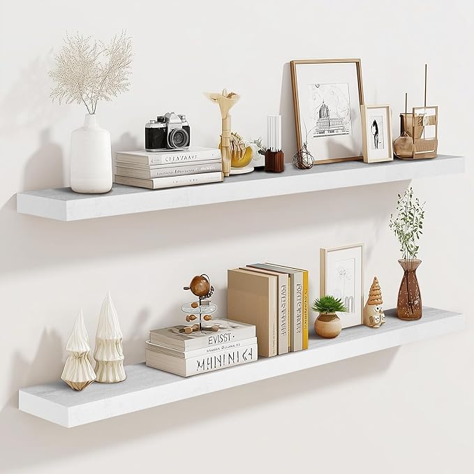 36"x6.8"x1.2" Solid Wood Floating Shelves 2-Pack - Rustic White Finish with Hidden Brackets, Perfect for Storage and Décor in Living Room, Kitchen, Bedroom-CasaMuseHome