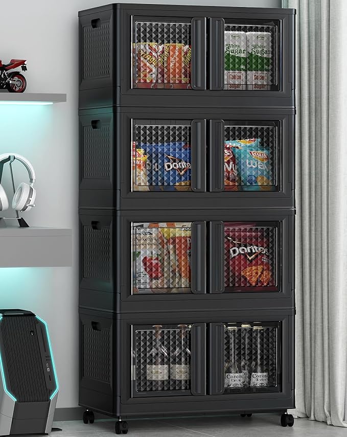 400Qt Stackable Storage Bins with Lids, 100Gal Closet Organizers and Storage Drawer, Plastic Collapsible Storage Bins with Doors, Heavy Duty Store Box Cabinet for Home Kitchen, 4Pack Black-CasaMuseHome