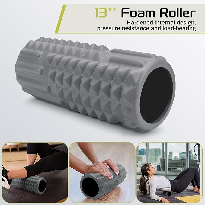 5-in-1 Foam Roller Set, Massage Roller Stick, Massage Ball, Resistance Band for Deep Muscle Massage, Trigger Point Release, Pilates, Yoga (Grey)-CasaMuseHome