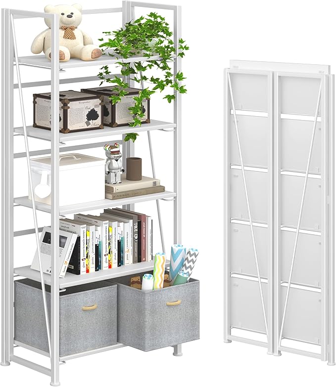 4NM No Assembly Foldable Bookshelf, 5-Shelf Collapsible Bookcase Storage for Small Spaces, 62.2" H, All White-CasaMuseHome