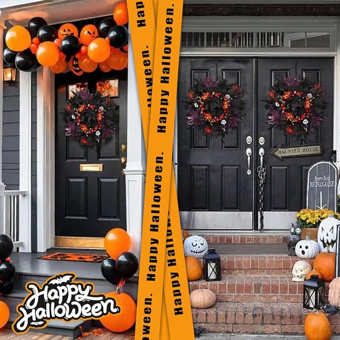 24" Glitter Halloween Wreath Outdoor - Sparkly Balls, Skulls, Bat, Skeleton, Pumpkin on Black Twig | Front Door Outside Goth Decor for Spooky Night-CasaMuseHome