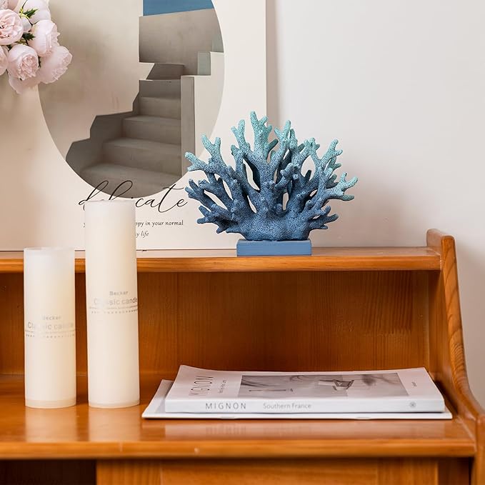 5.8" H Blue Coral Decor, Resin Coral Statue, Nautical Decorations for Home, Beach/Coastal/Ocean Themed Cabinet Shelf Tabletop Decor-CasaMuseHome