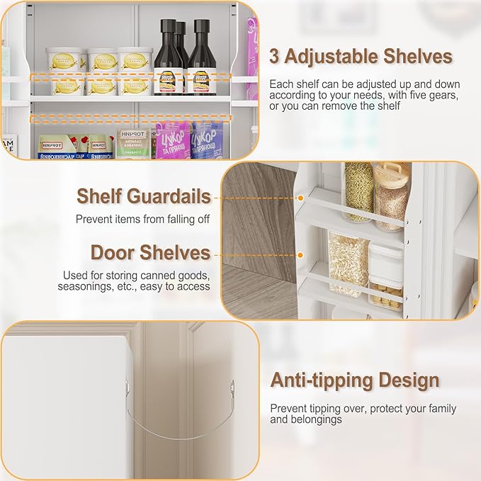 51" Metal Kitchen Pantry Cabinet, Storage Cabinets with 2 Door and 3 Adjustable Shelves, White Freestanding Food Storage Cabinet, Steel Cupboard for Kitchen Dinning Room-CasaMuseHome