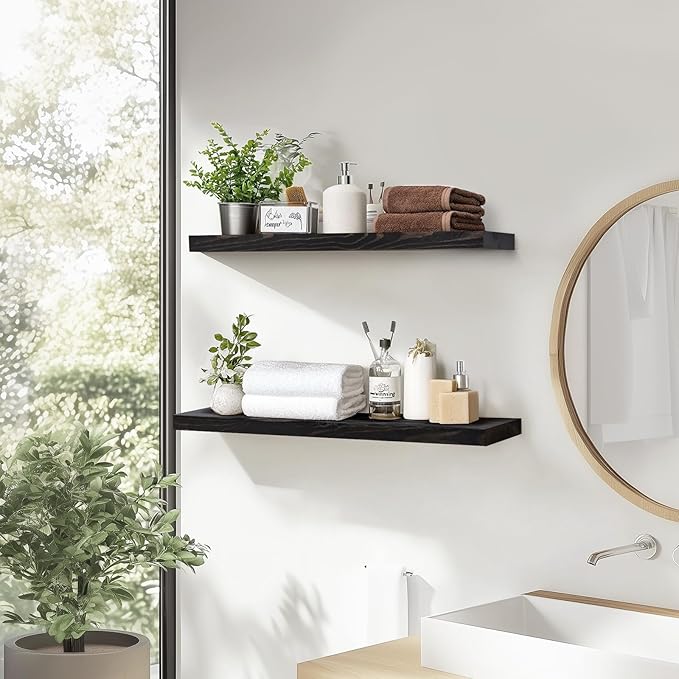 24"x6.8"x1.2" Solid Wood Floating Shelves 2-Pack - Rustic Black Finish with Hidden Brackets, Perfect for Storage and Décor in Living Room, Kitchen, Bedroom-CasaMuseHome
