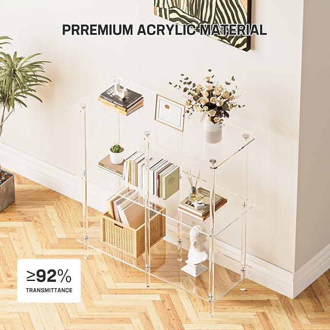 Acrylic Console Table, 29.53" Modern Entryway Table with Storage Shelves, 3 Tier Layer Storage for Foyer, Living Room, Clear.-CasaMuseHome