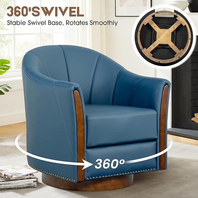 360° Swivel Accent Chair, Modern Leather Barrel Club Chair with Leather Upholstery and Sturdy Wood Base, Comfortable Armchair for Living Room, Bedroom, Reading Nook, Blue-CasaMuseHome