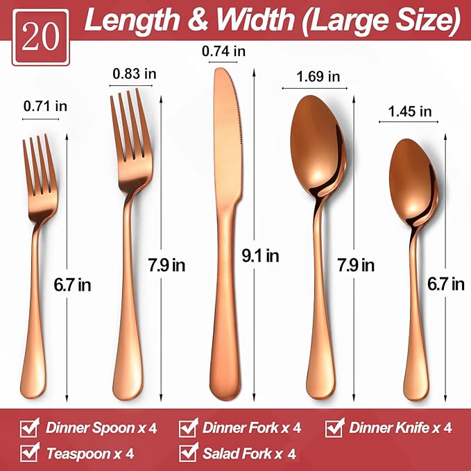 20 Pcs Rose Gold Silverware Set for 4, Food Grade Stainless Steel Flatware Set, Eating Utensils Sets Include Fork/Knife/Spoon,Home Kitchen Tableware Set, Reusable Cutlery Set, Dishwasher Safe-CasaMuseHome