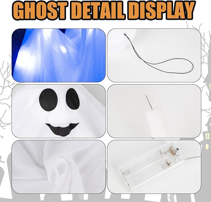 4 Pack Halloween Hanging Ghost Decorations, 27.5" Light Up Spooky Floating Ghosts with LED Glow, Waterproof Outdoor & Indoor Haunted House, Porch, Yard, Garden Party Decor-CasaMuseHome