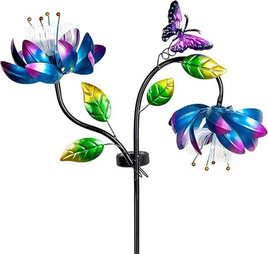 50'' Solar Powered Kinetic Wind Spinner Sculpture Blue Lotus Metal Stake Spinner for Patio, Lawn and Garden Decor Weather Resistant Outdoor Art with Dual Lotus with Butterfly Design-CasaMuseHome
