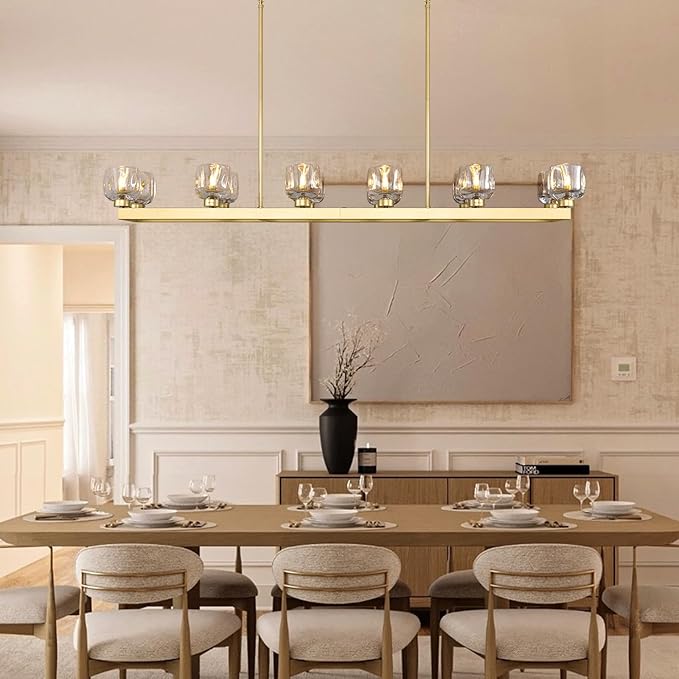 59 Inch Brass Rectangle Wagon Wheel Chandeliers, Gold Chandelier for Dining Room Over Table, Modern Crystal Long Chandelier, Farmhouse Large Linear Chandeliers for Kitchen Island-CasaMuseHome